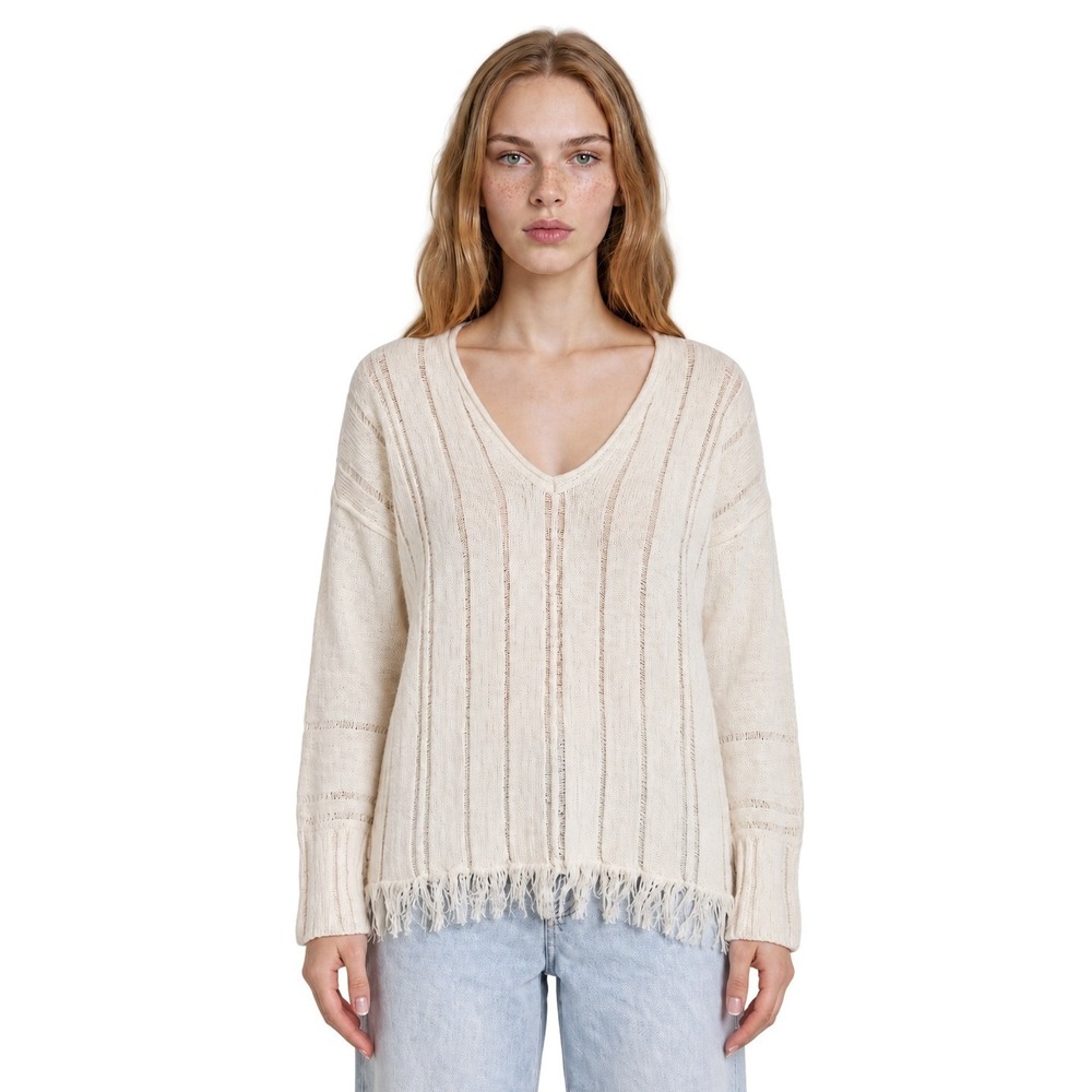 Free People Sweater Women's Size Small Cream V-Neck Fringe Hem Open Knit Boho
